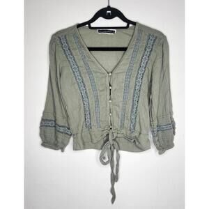 Abercrombie & Fitch Blouse Womens Small Sage Green Lace Button V Neck Tie Waist